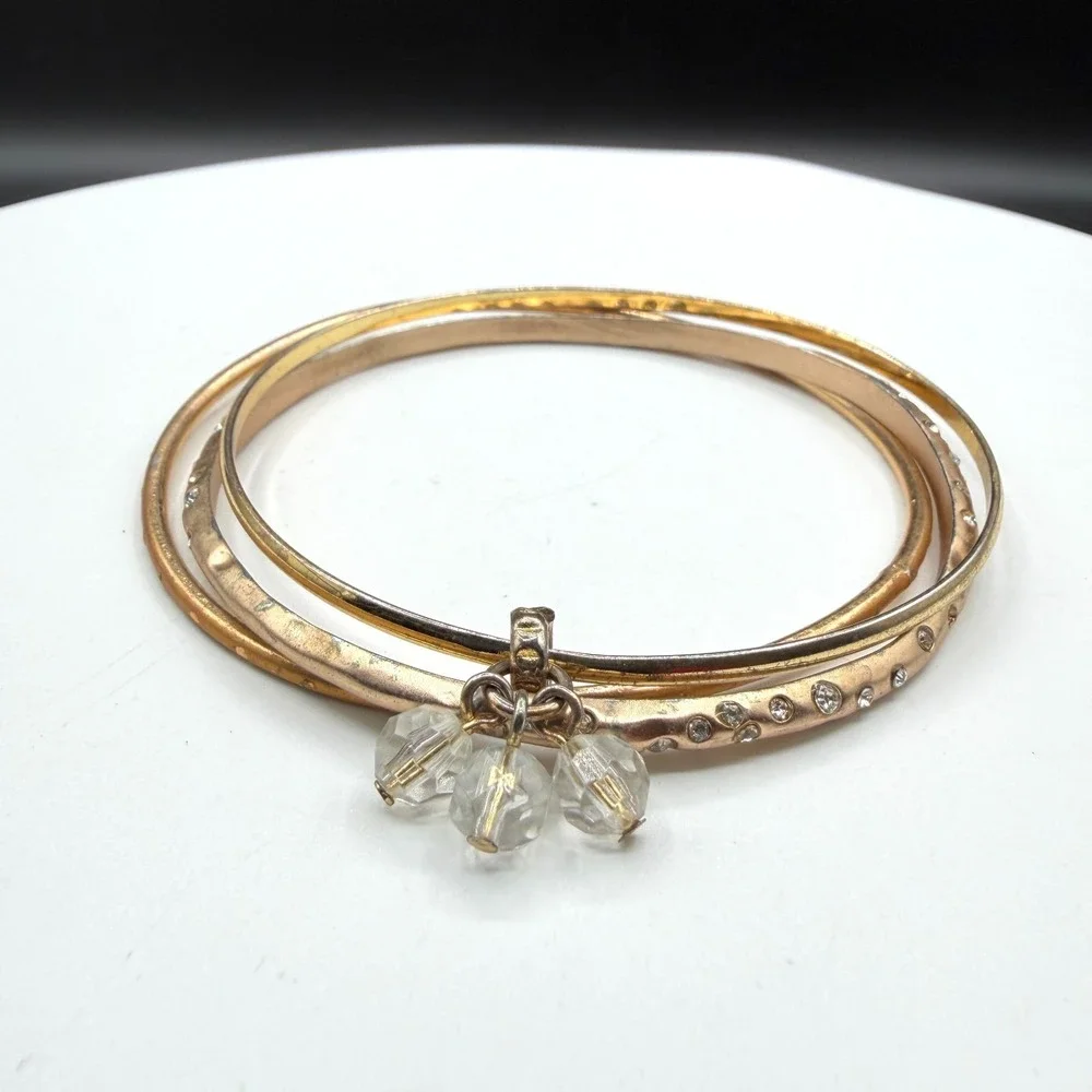 Gold Tone Triple Bangle Bracelet Clear Faceted Bead Dangle Rhinestone Stack Set